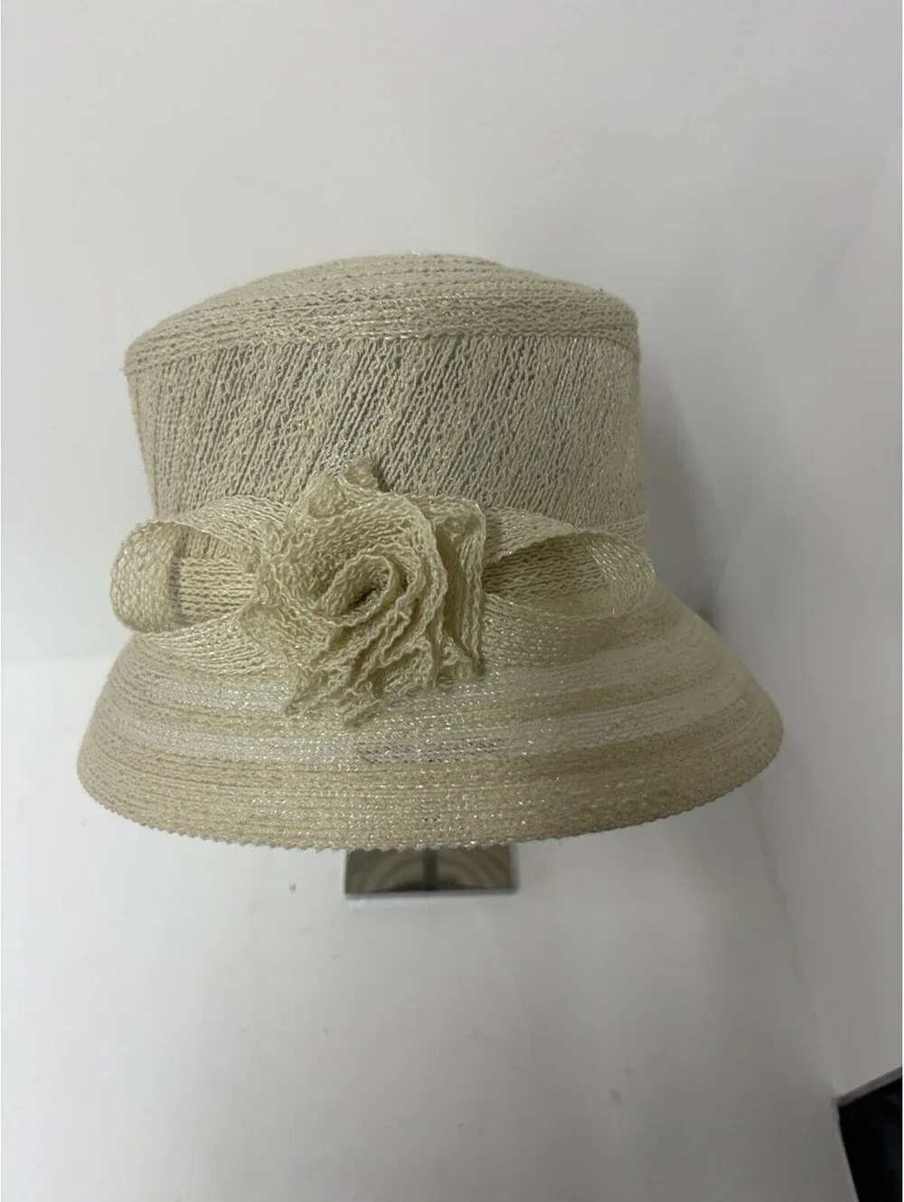 Vintage - Ladies Hat Woven Ivory W/ Ribbon & Rosette - Kentucky Derby Tea Party